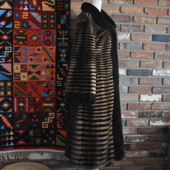 Brown Blonde Horizontal Stripe Mink Fur Full Length Long Coat Jacket, Sable Trim - Picture 8 of 13
